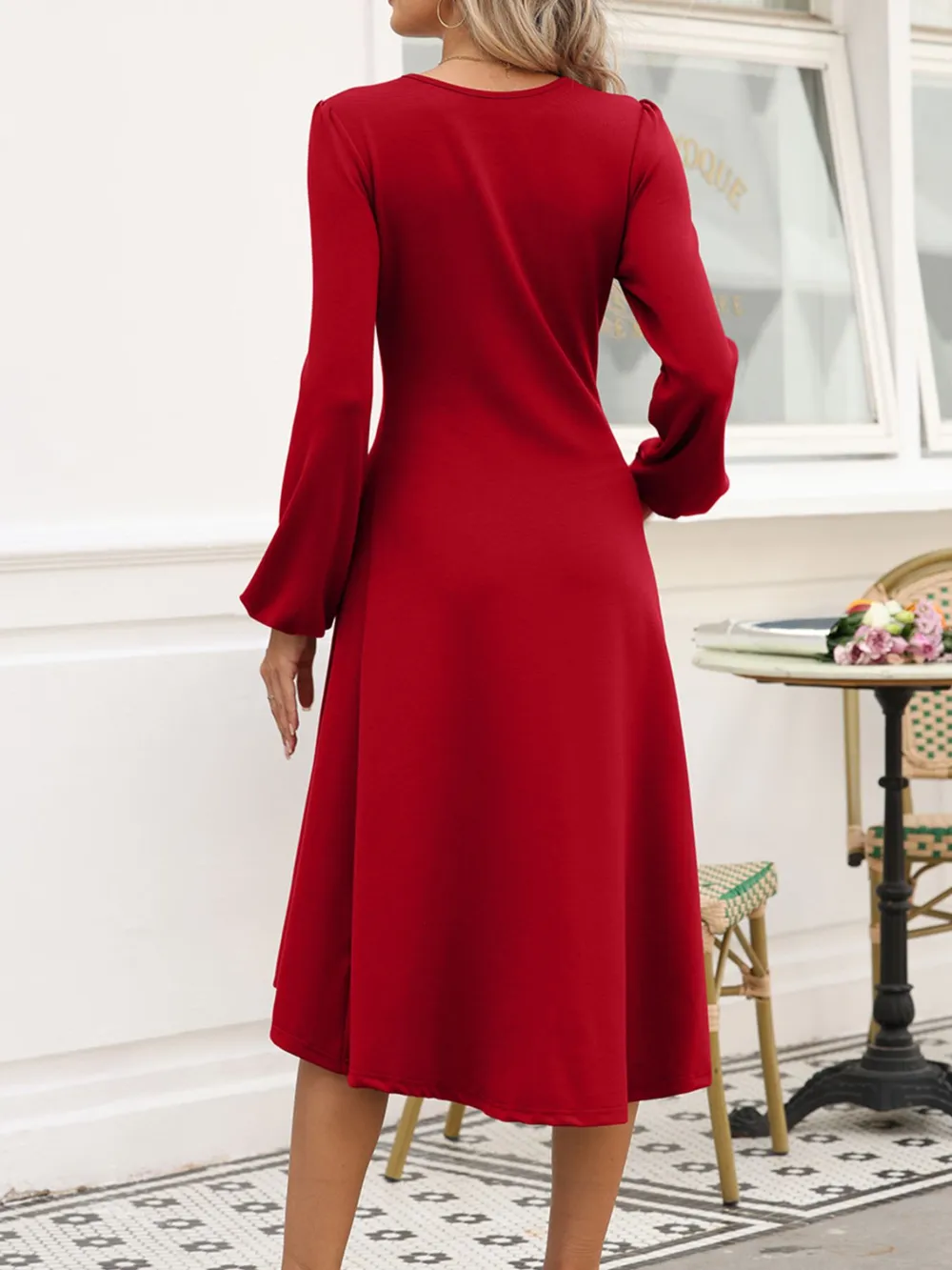 Solid Color Ruched Detail Long Sleeve Midi Dress, image 15