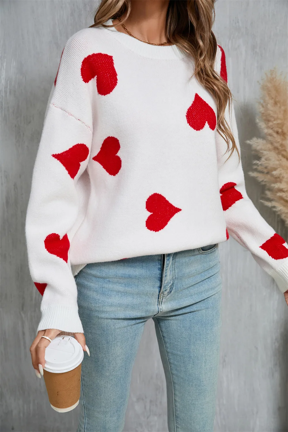 Heart Round Neck Dropped Shoulder Sweater, image 5