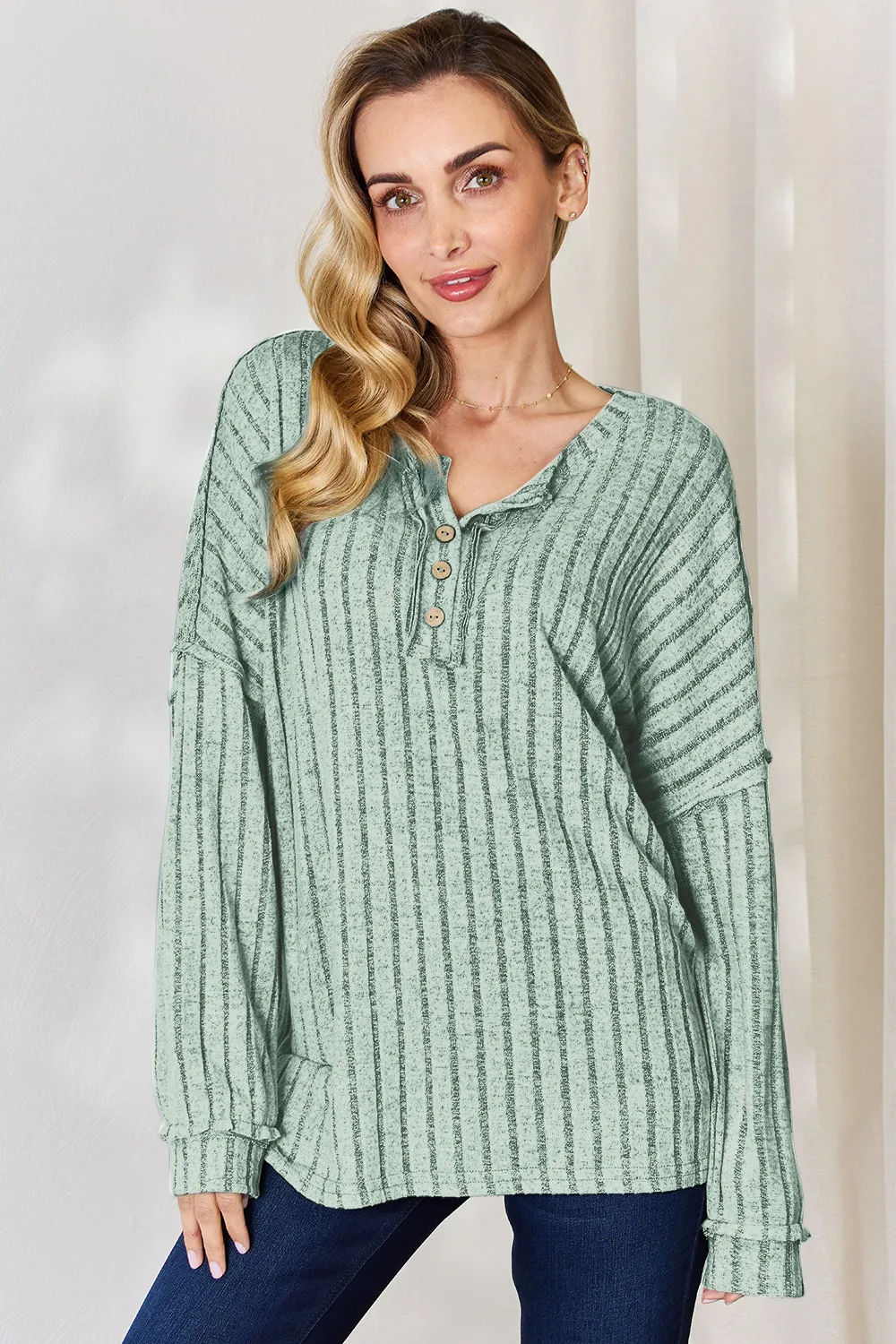 Full Size Ribbed Half Button Long Sleeve T-Shirt, image 24