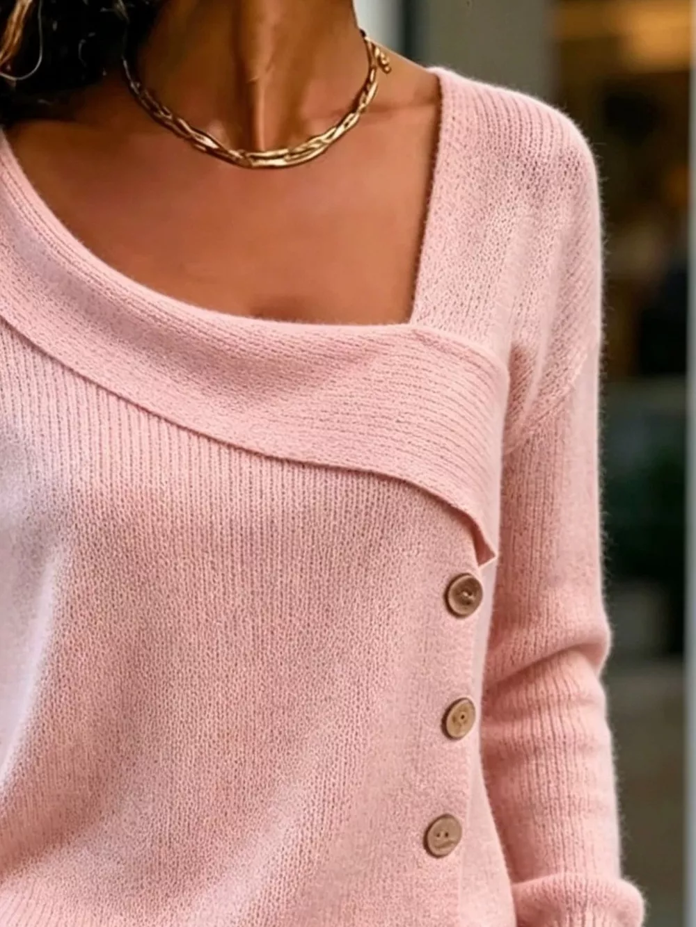 Asymmetric Neckline Button-Decorated Sweater, image 2