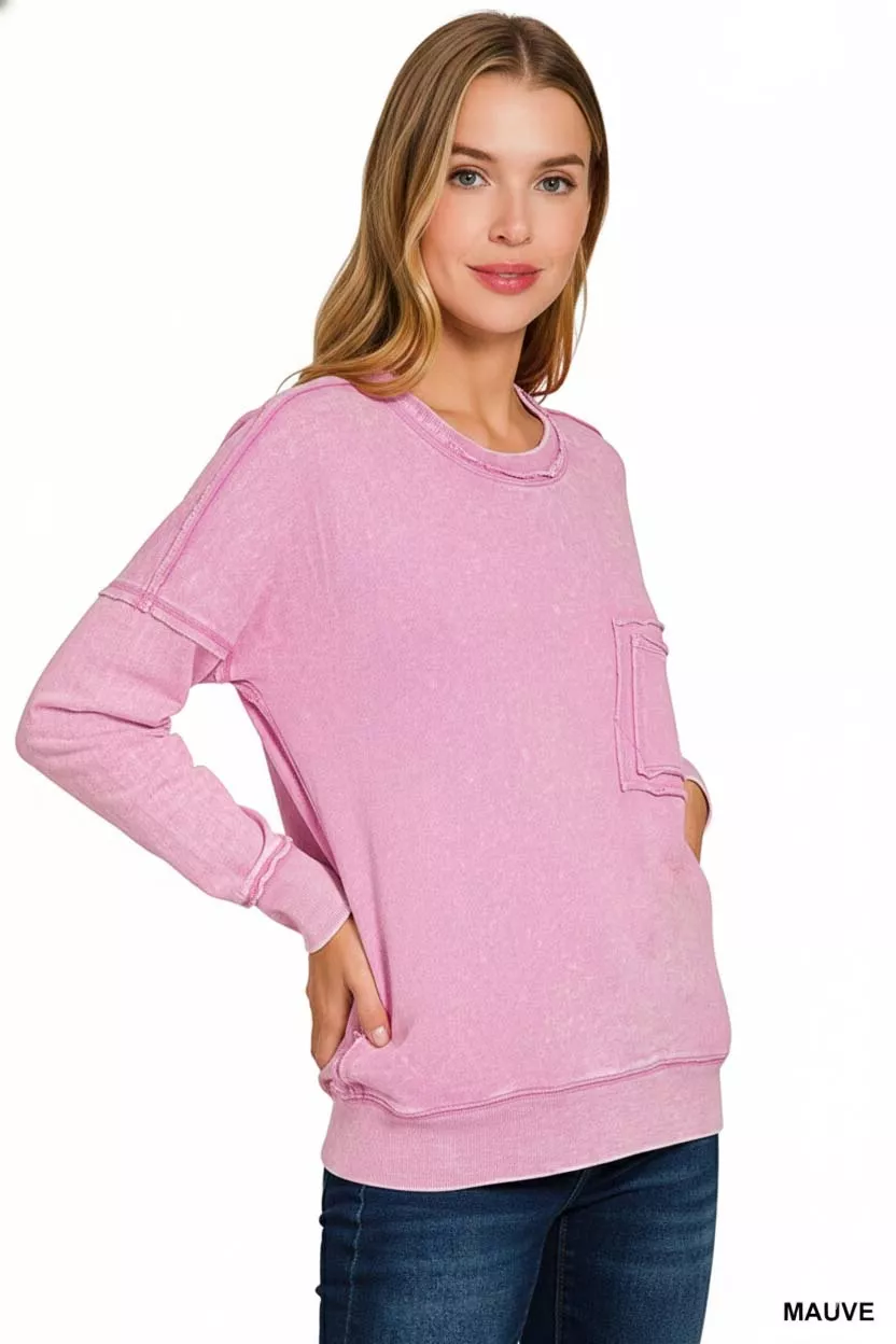 French Terry Washed Raw Edge Front Pocket Pullover, image 3