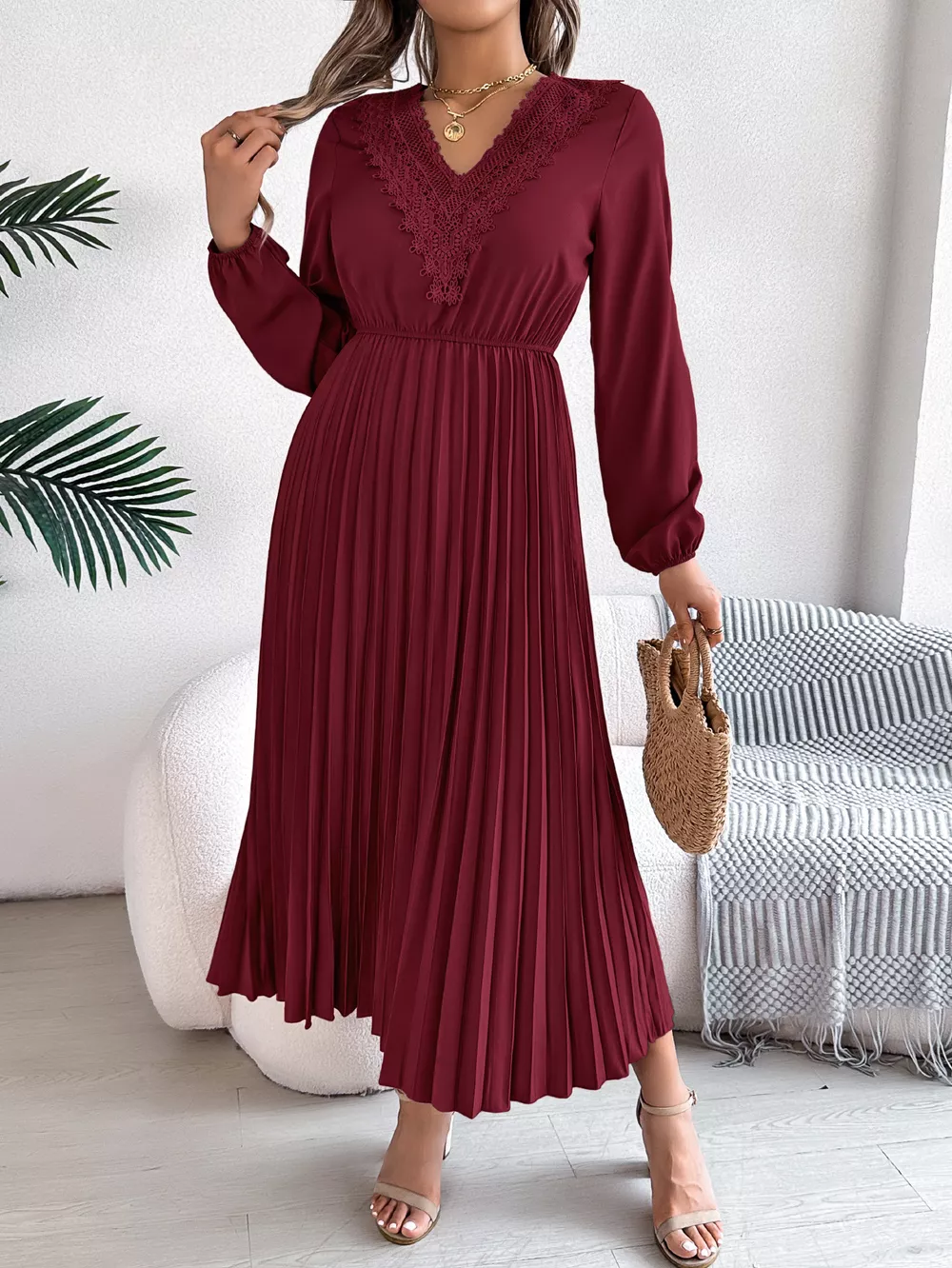 Lace Detail V-Neck Pleated Dress, image 25