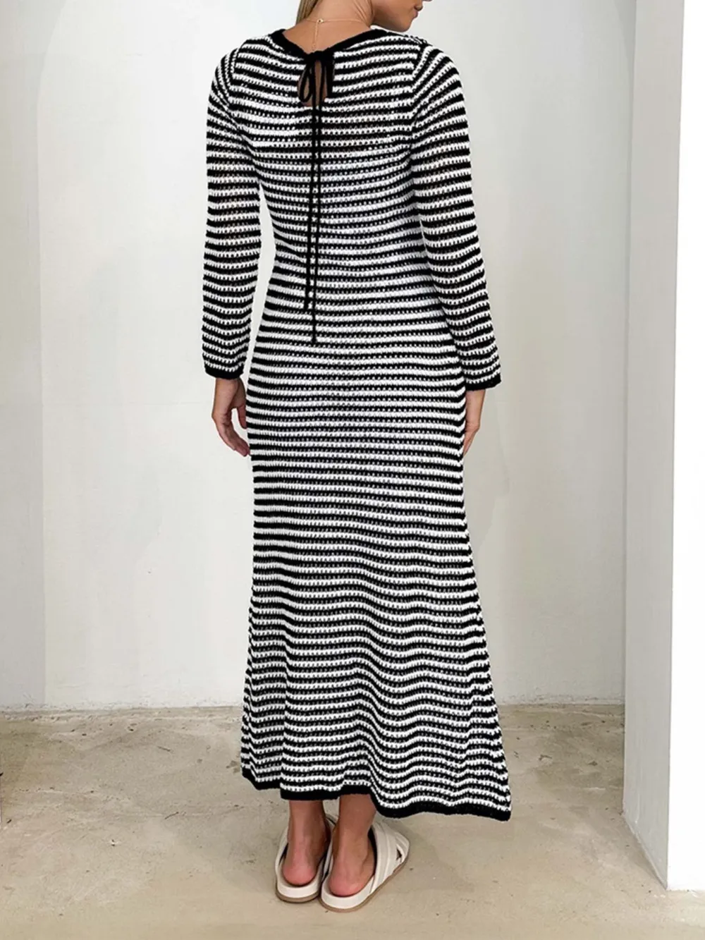 Tied Round Neck Striped Sweater Dress, image 3