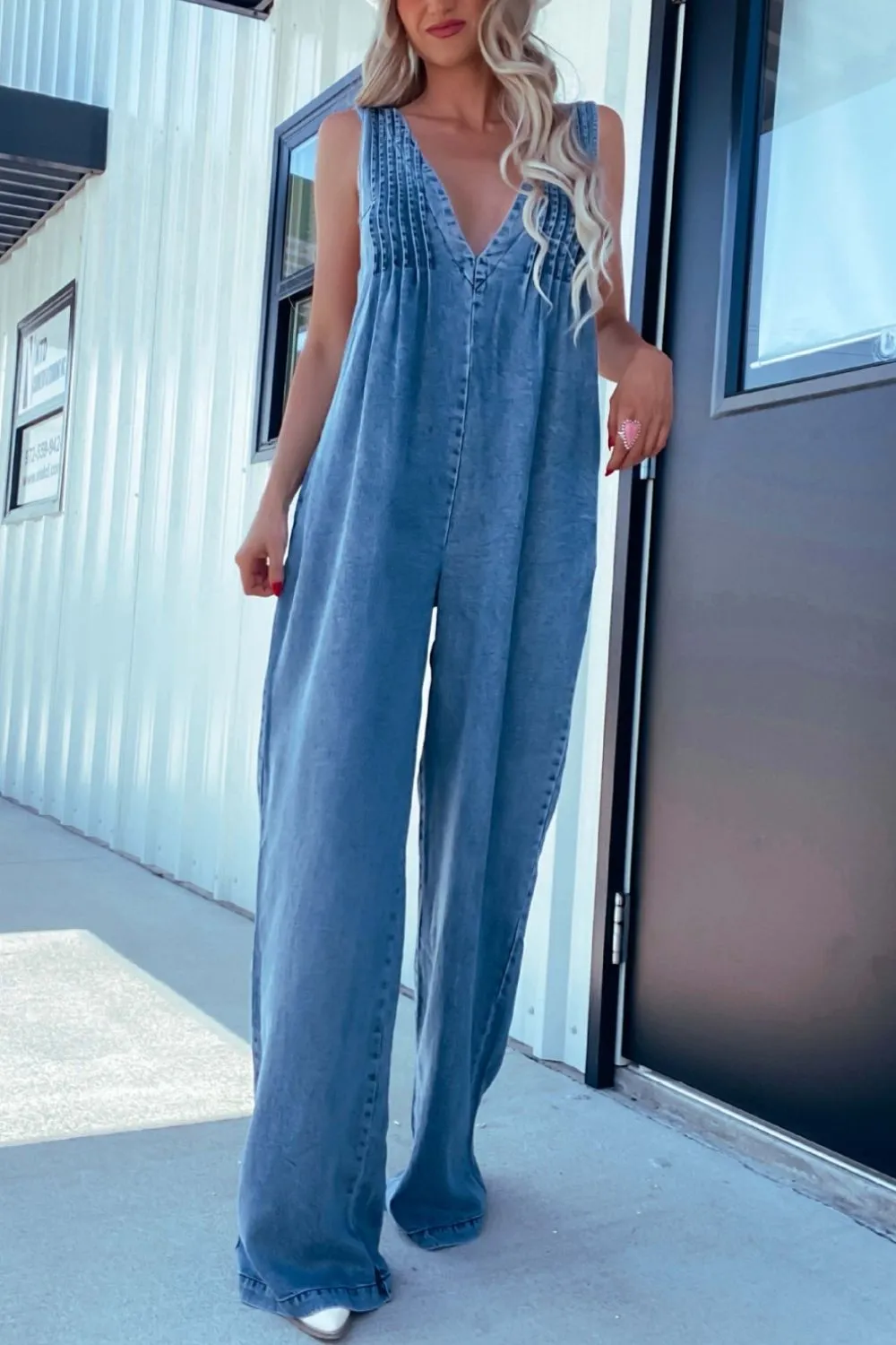 V-Neck Wide Leg Denim Jumpsuit, image 8
