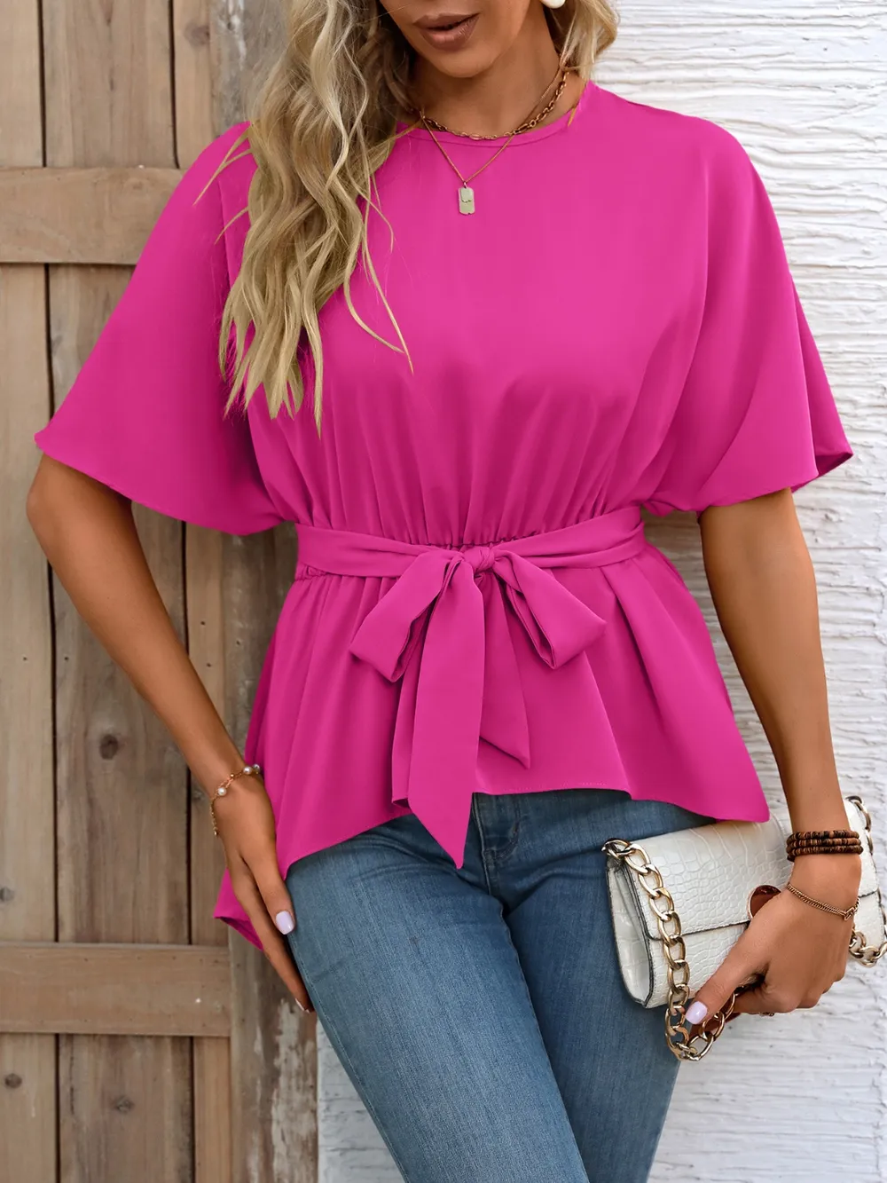 Tied Round Neck Half Sleeve Blouse, image 8
