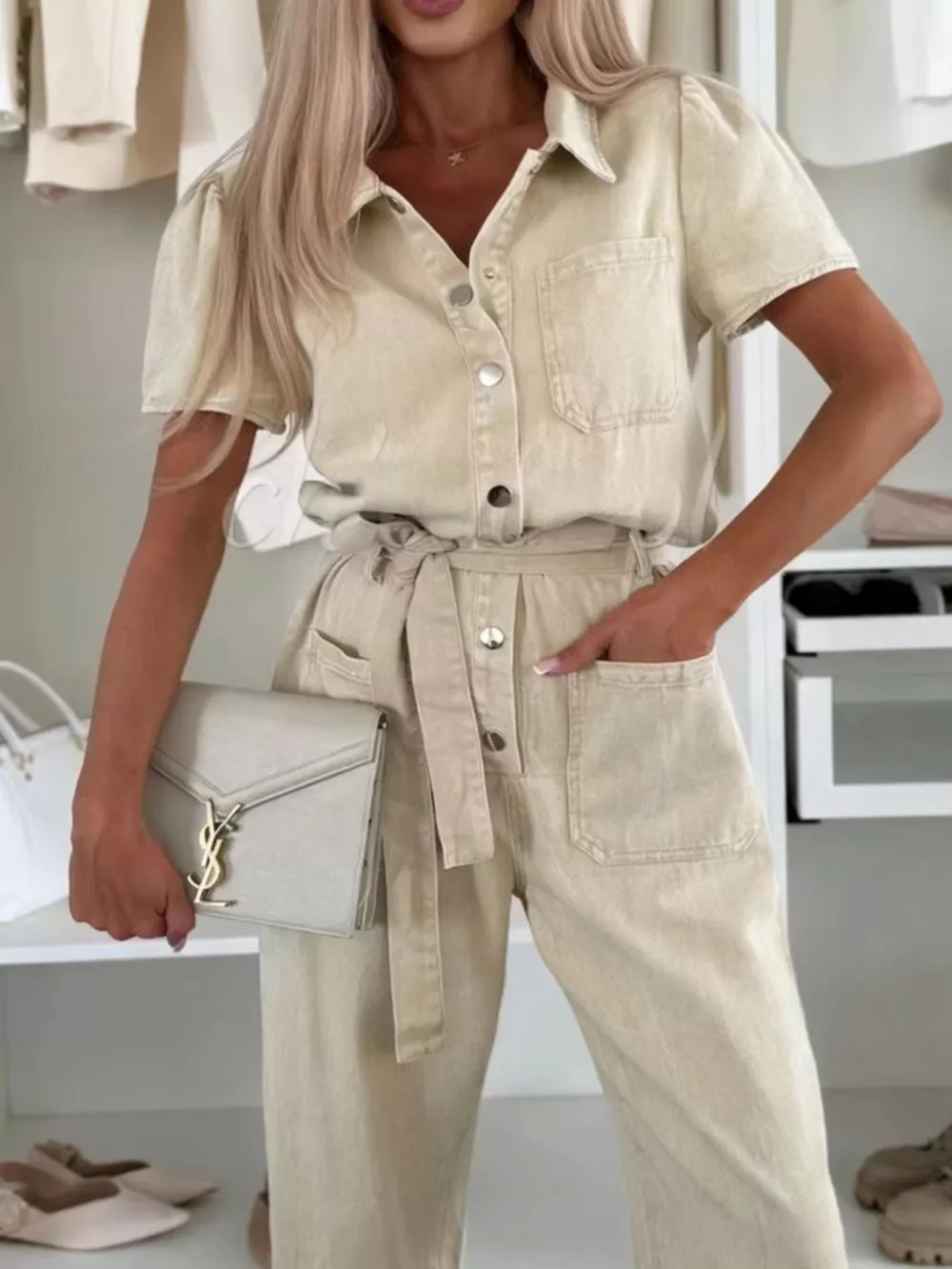 Vintage Wash Short Sleeve Denim Jumpsuit, image 7