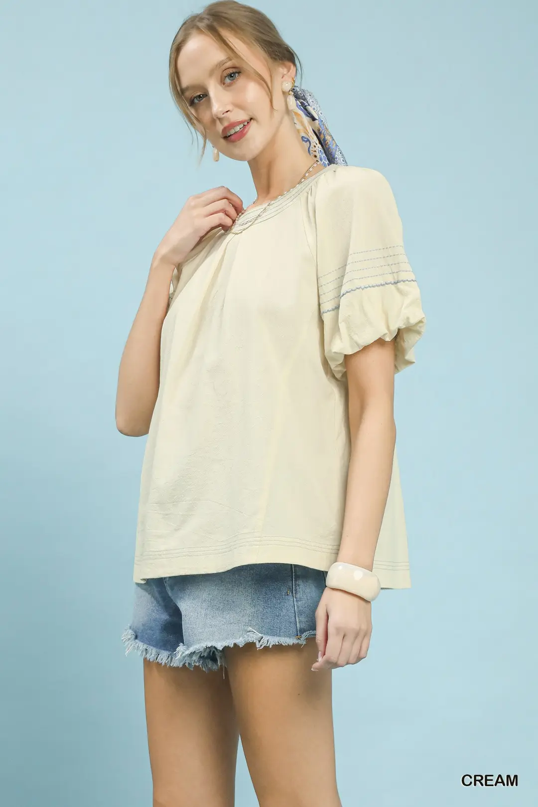Round Neck Puff Sleeve Top with Contrast Stitch Detail, image 4