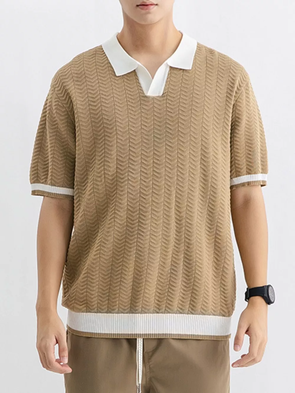 Men's Plus Size Textured Knit Polo with Contrast Trim, image 6