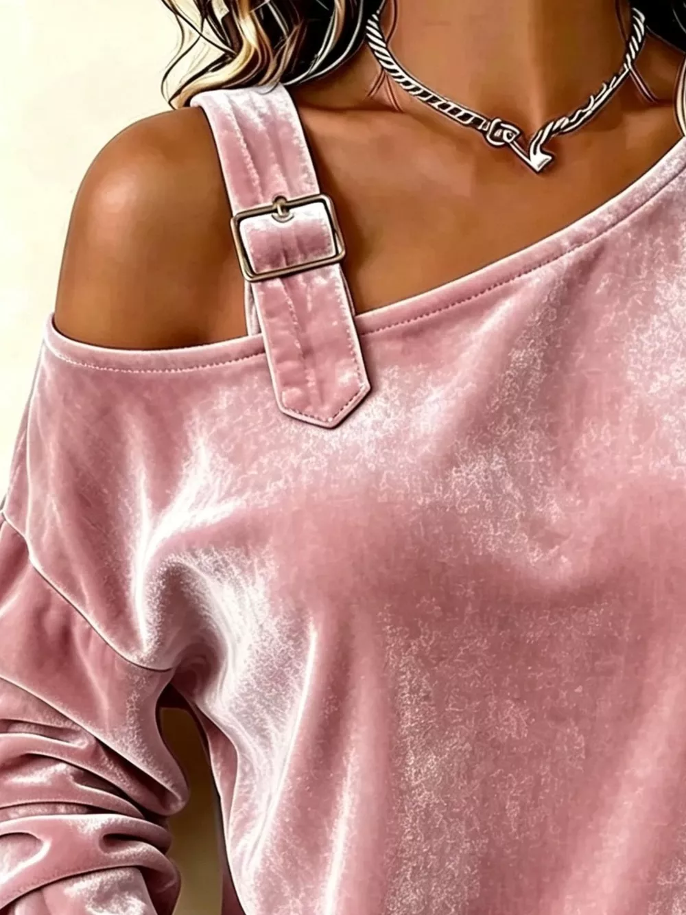Full Size Velvet Buckle Detail Asymmetrical Neck Blouse Plus Size, image 7