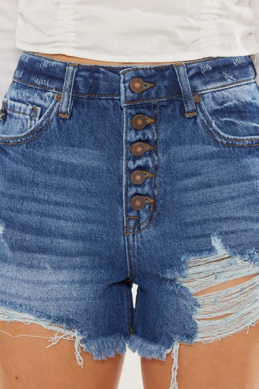Distressed Button-Fly High Waist Denim Shorts, image 7
