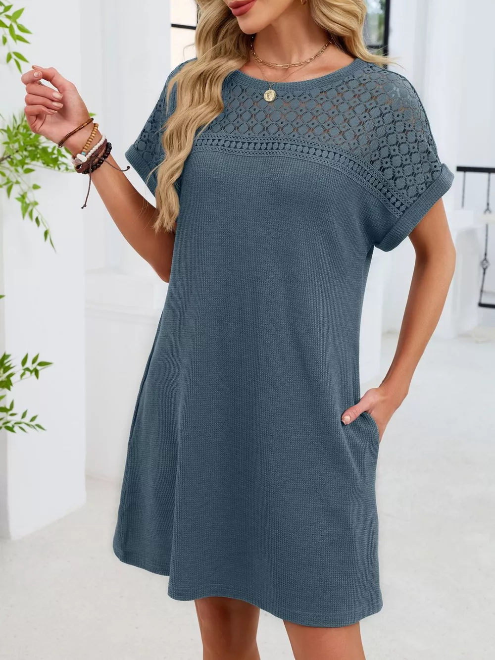 Lace Round Neck Short Sleeve T-Shirt Dress, image 29