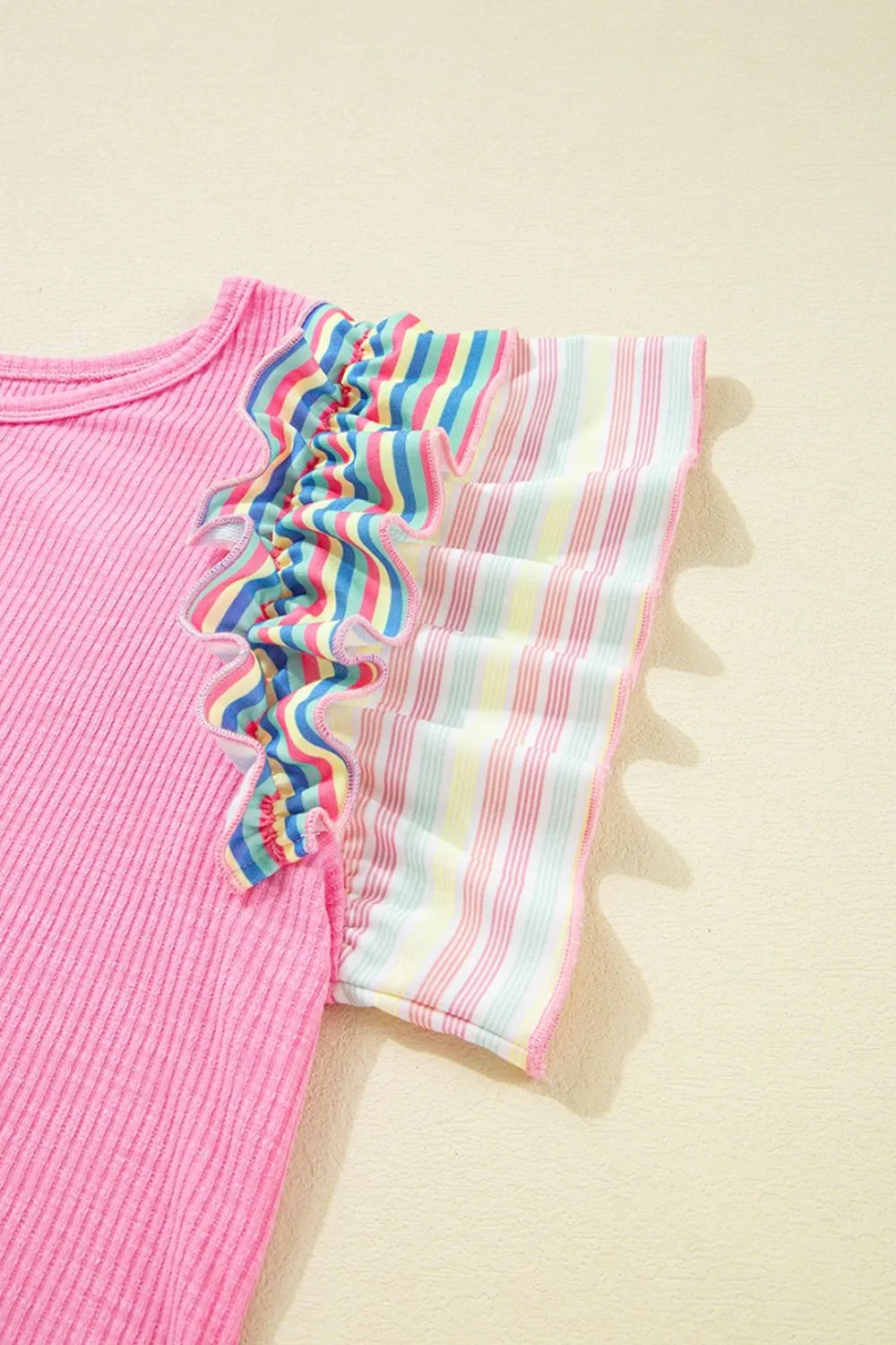 Striped Ruffle Flutter Sleeve Ribbed Blouse, image 9