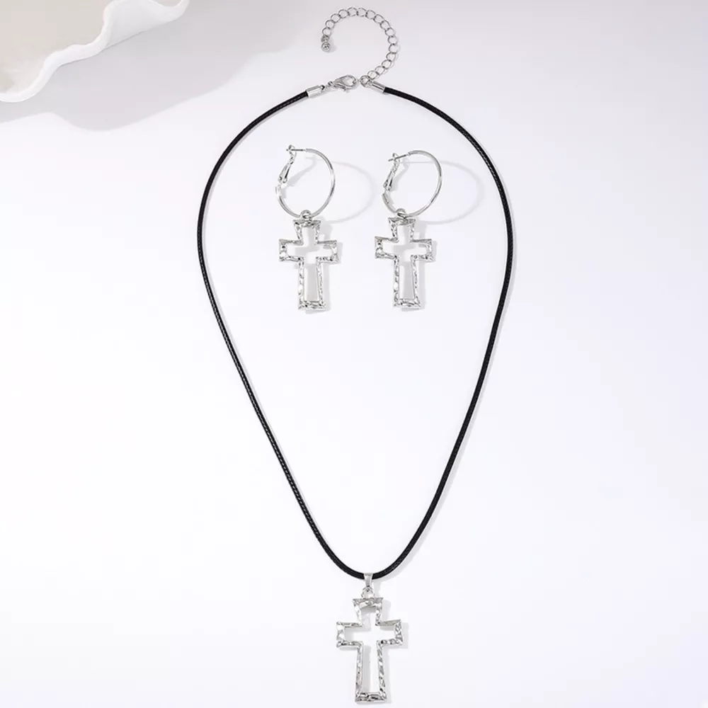 Cross Pendant Necklace & Hoop Earrings Jewelry Set, image 8