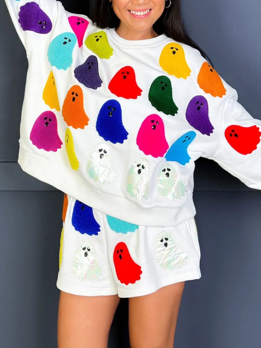 Ghost Printed Round Neck Long Sleeve Top and Shorts Set, image 6