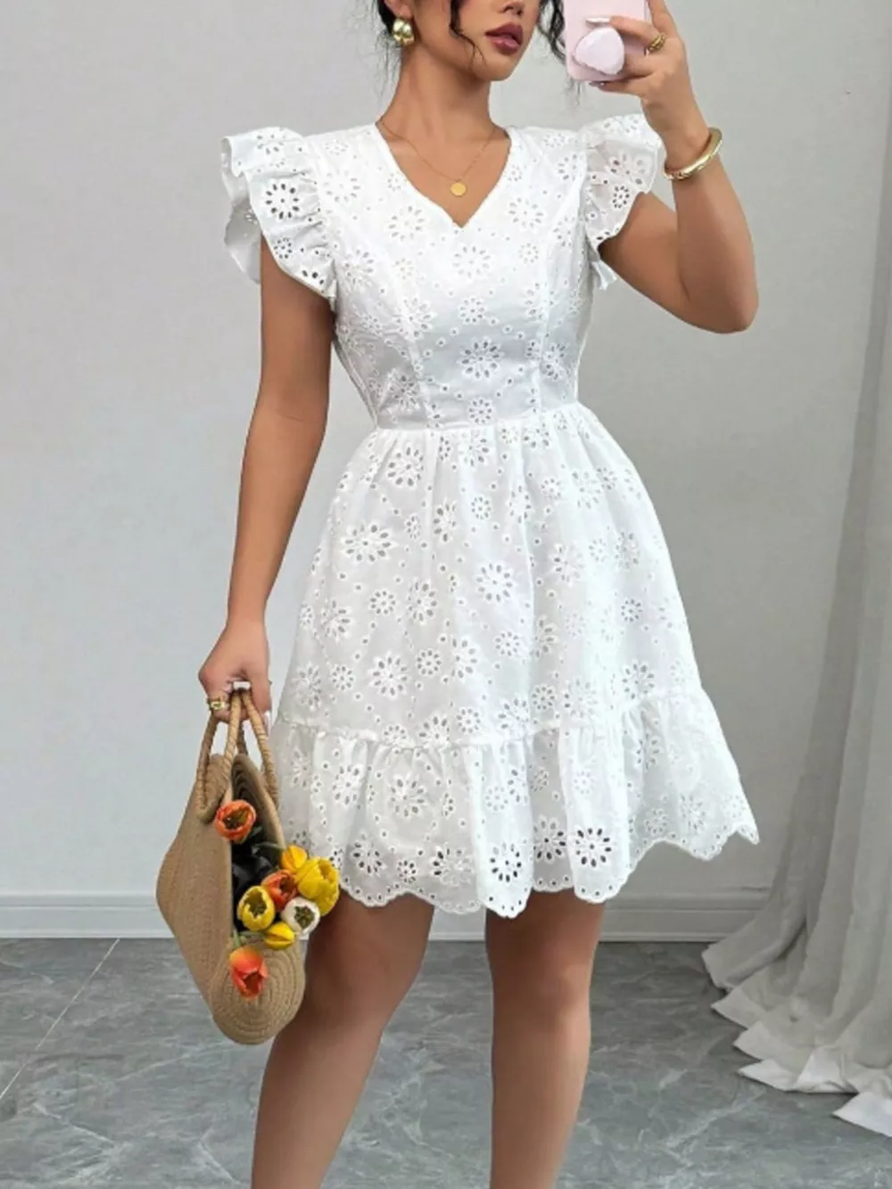 Eyelet Ruffle Sleeve Mini Dress, image 6