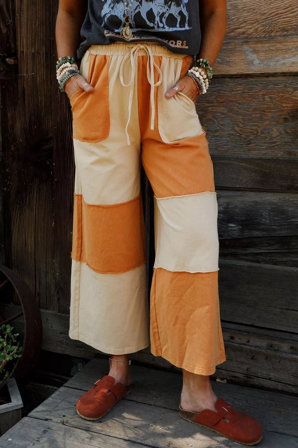 Raw Seam Colorblock Wide Leg Ankle Length Casual Pants, image 2