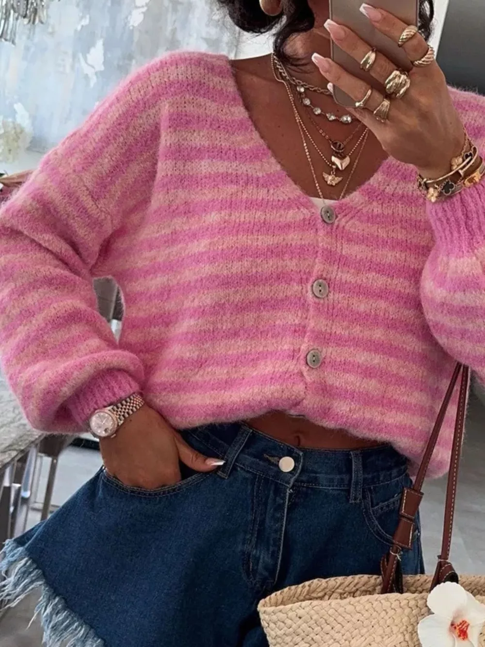 Striped Knit Button-Down Cardigan, image 8