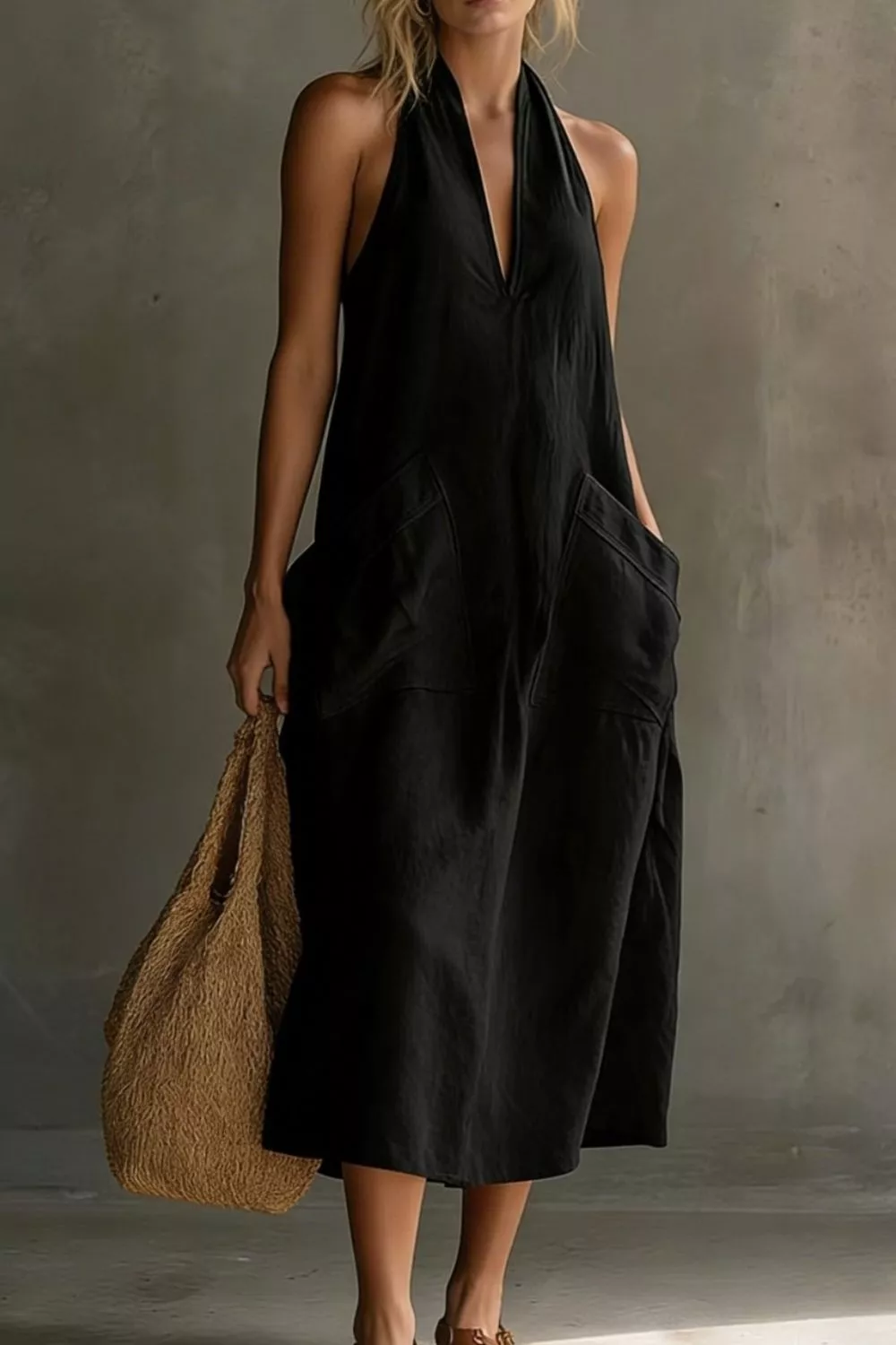 Casual Halter Neck Pocket Midi Dress, image 16