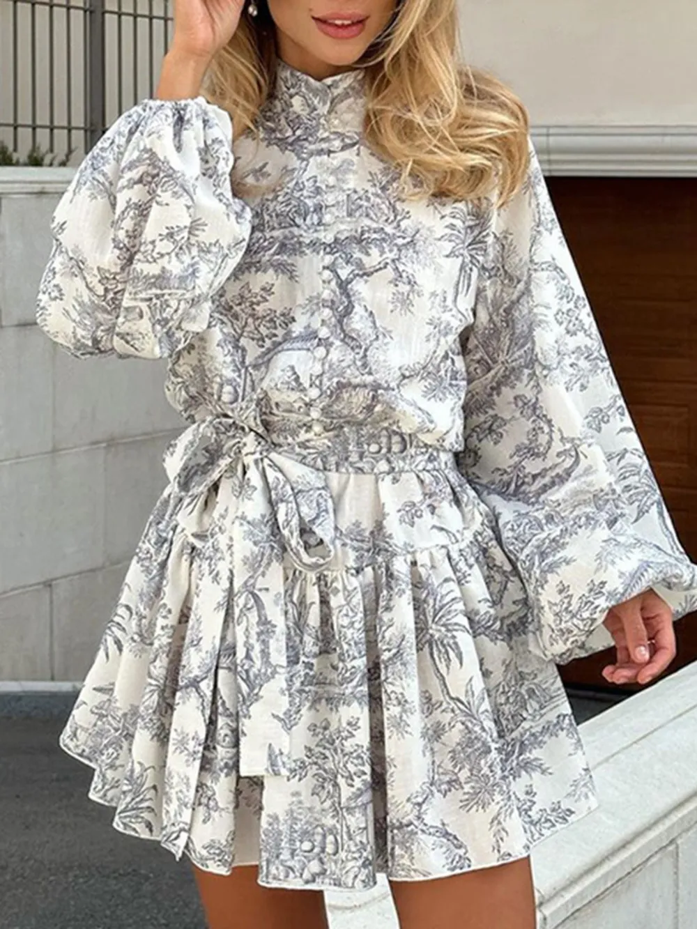 Printed Balloon Sleeve Tie Waist Dress, image 8