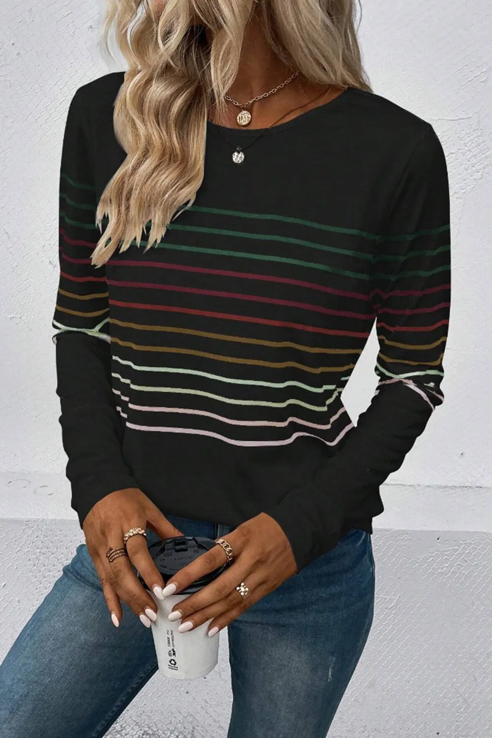Striped Round Neck Long Sleeve T-Shirt, image 3
