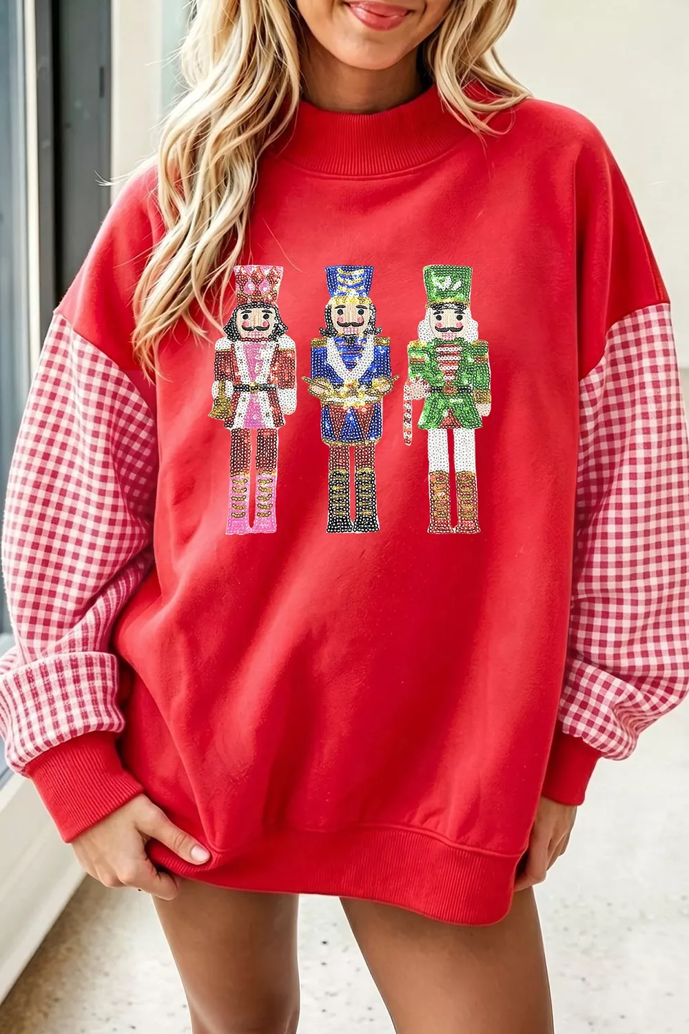 Sequin Nutcracker Plaid Sleeve Pullover Sweatshirt
