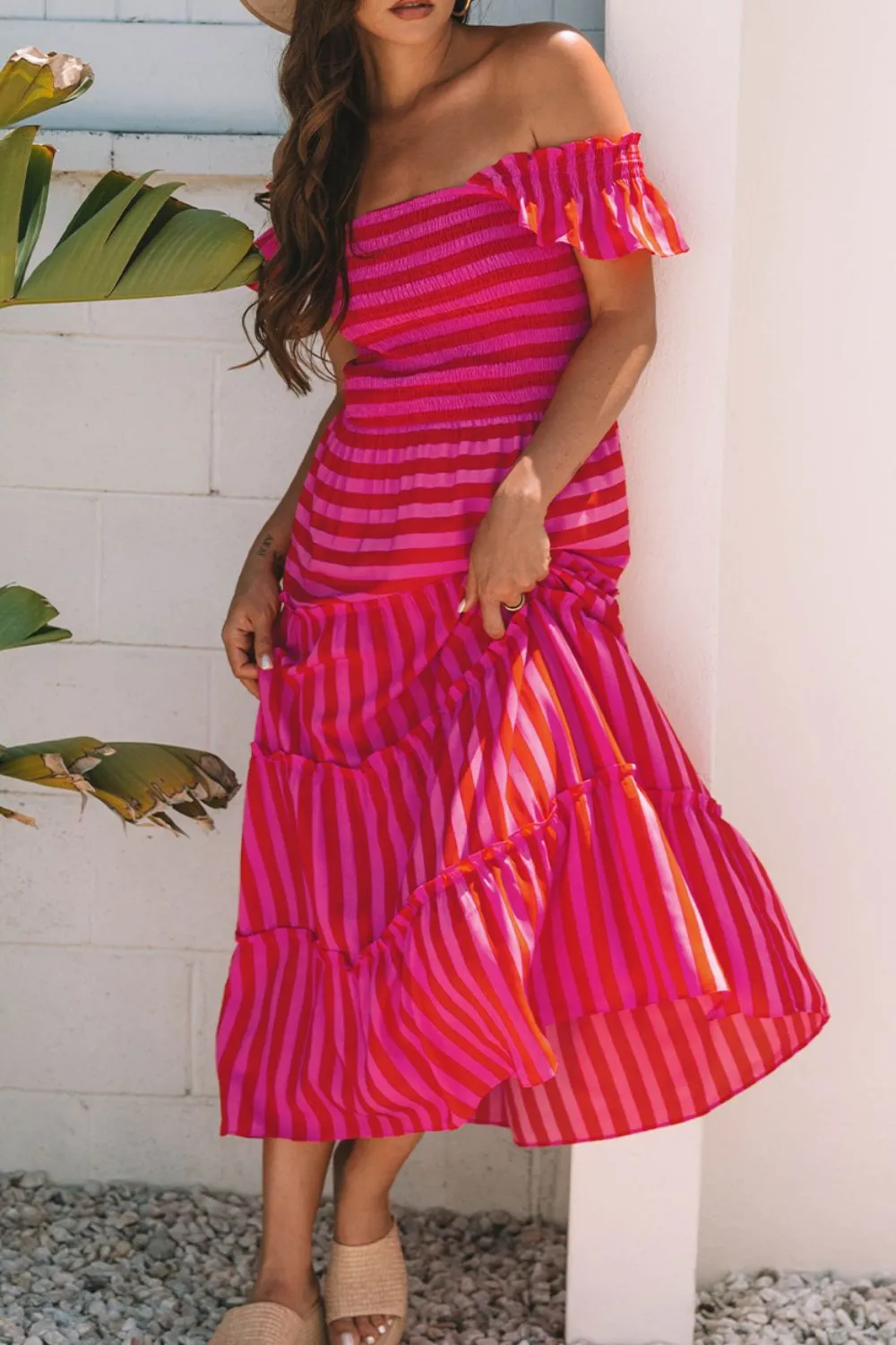 Stripe Flutter Sleeve Smocked Bodice Tiered Maxi Dress, image 11