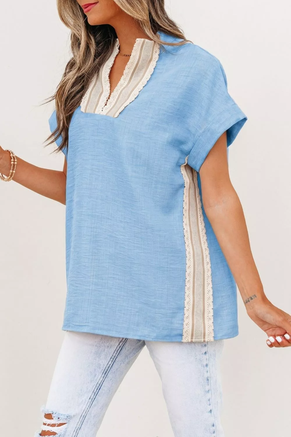 Crochet Lace Accent Pullover Rolled Short Sleeve Blouse, image 4