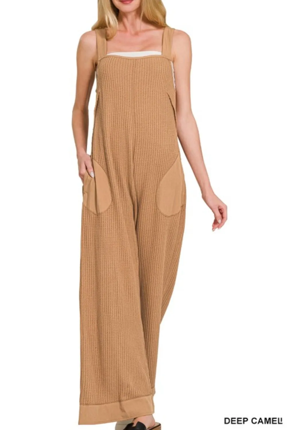 Knit Waffle Wide Leg Overalls, image 3