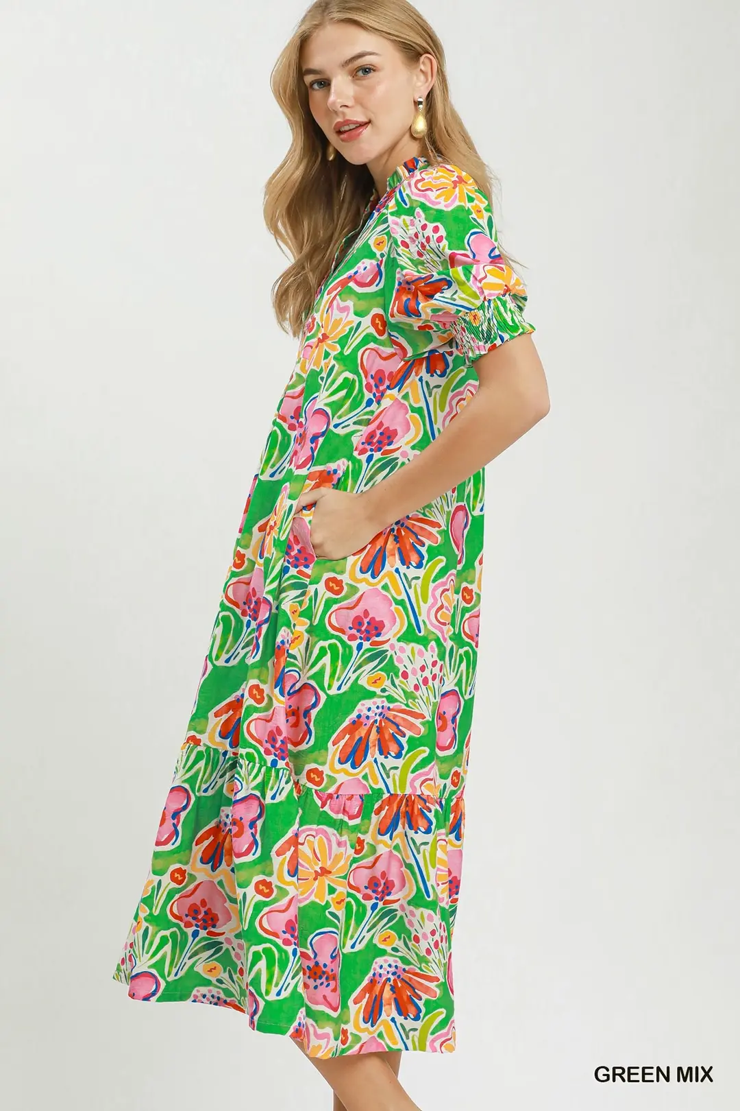 Floral Print Puff Sleeve Tiered Midi Dress, image 3