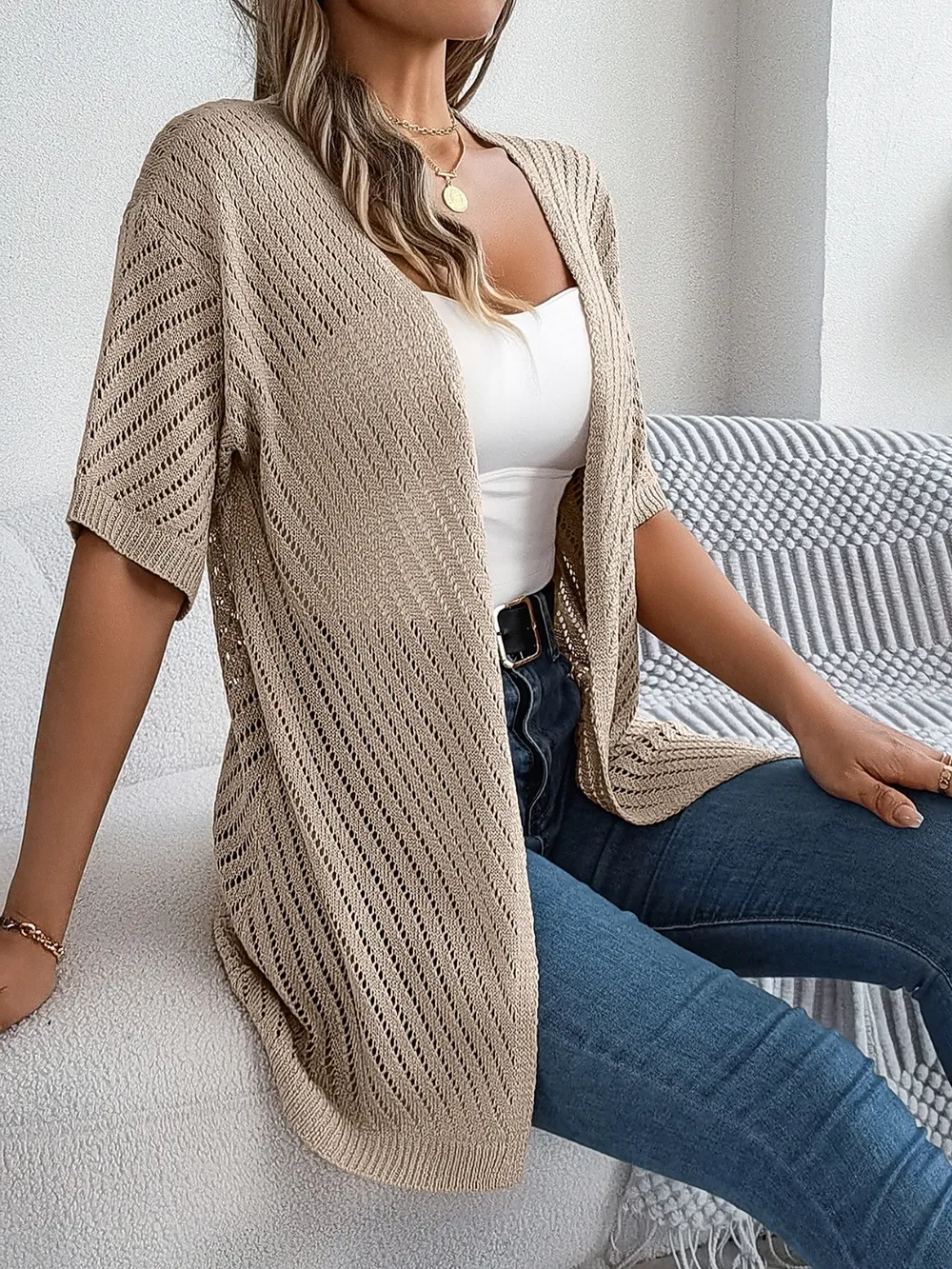Openwork Open Front Half Sleeve Cardigan, image 4