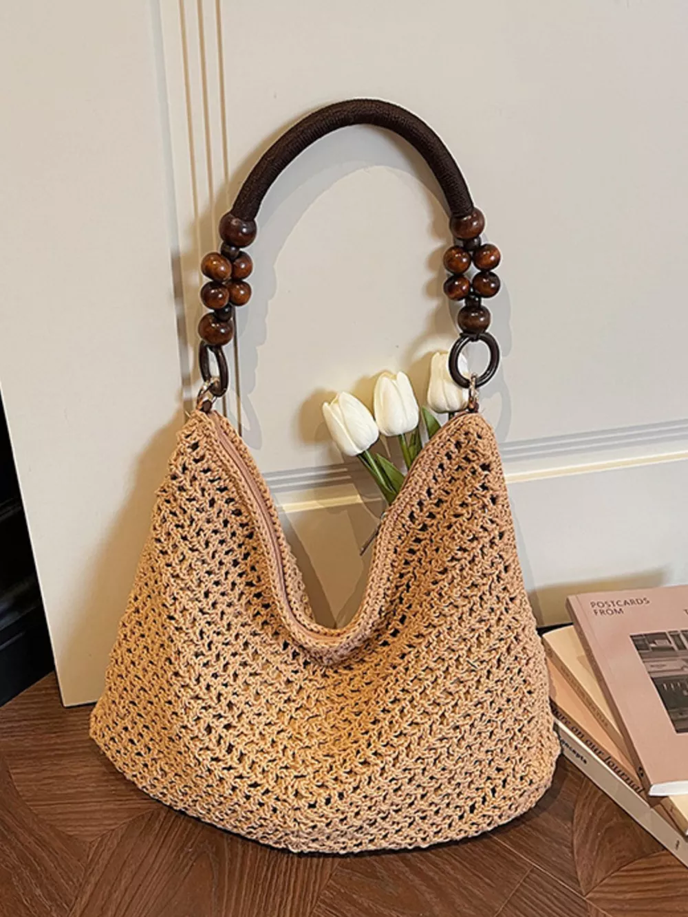 Knitted Shoulder Bag with Wooden Bead Handle, image 7