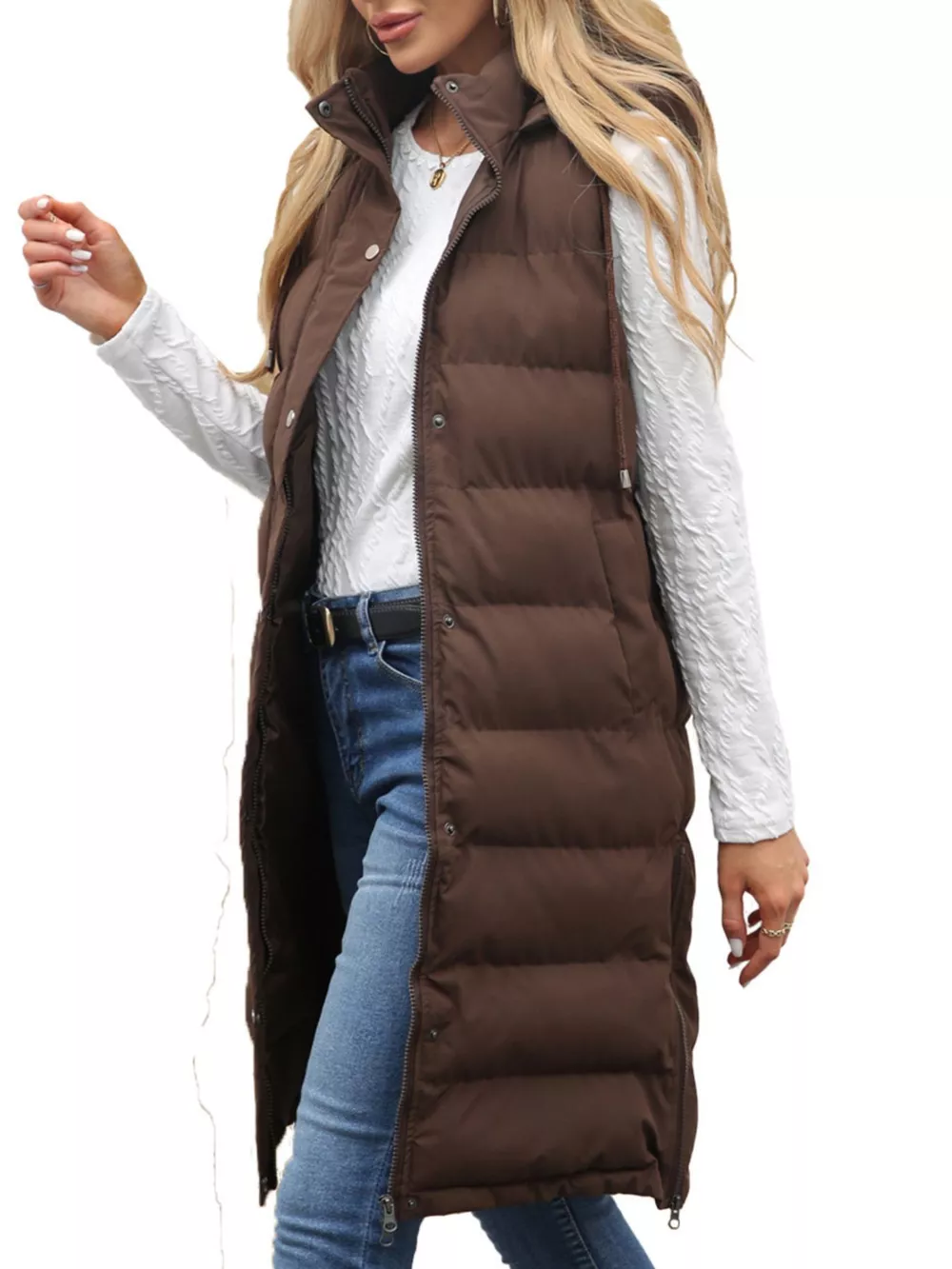 Full Size Snap Down Hooded Padded Longline Vest Coat Plus Size, image 3