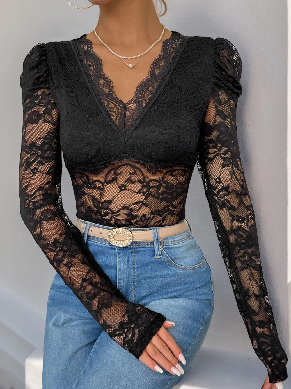 Lace V-Neck Long Sleeve Bodysuit, image 5