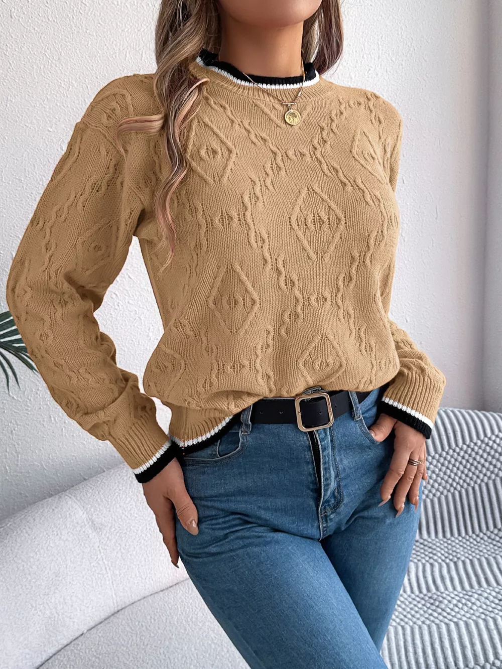 Contrast Trim Round Neck Sweater, image 9