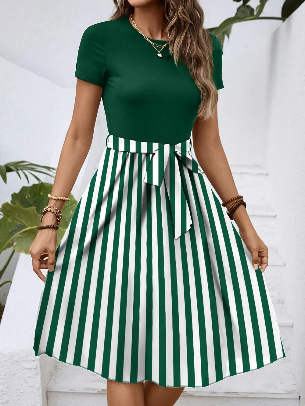 Striped Round Neck Short Sleeve Dress, image 17