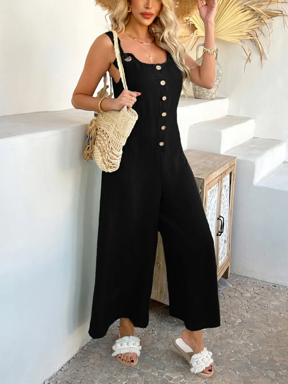 Button Front Knotted Strap Wide Leg Jumpsuit, image 14