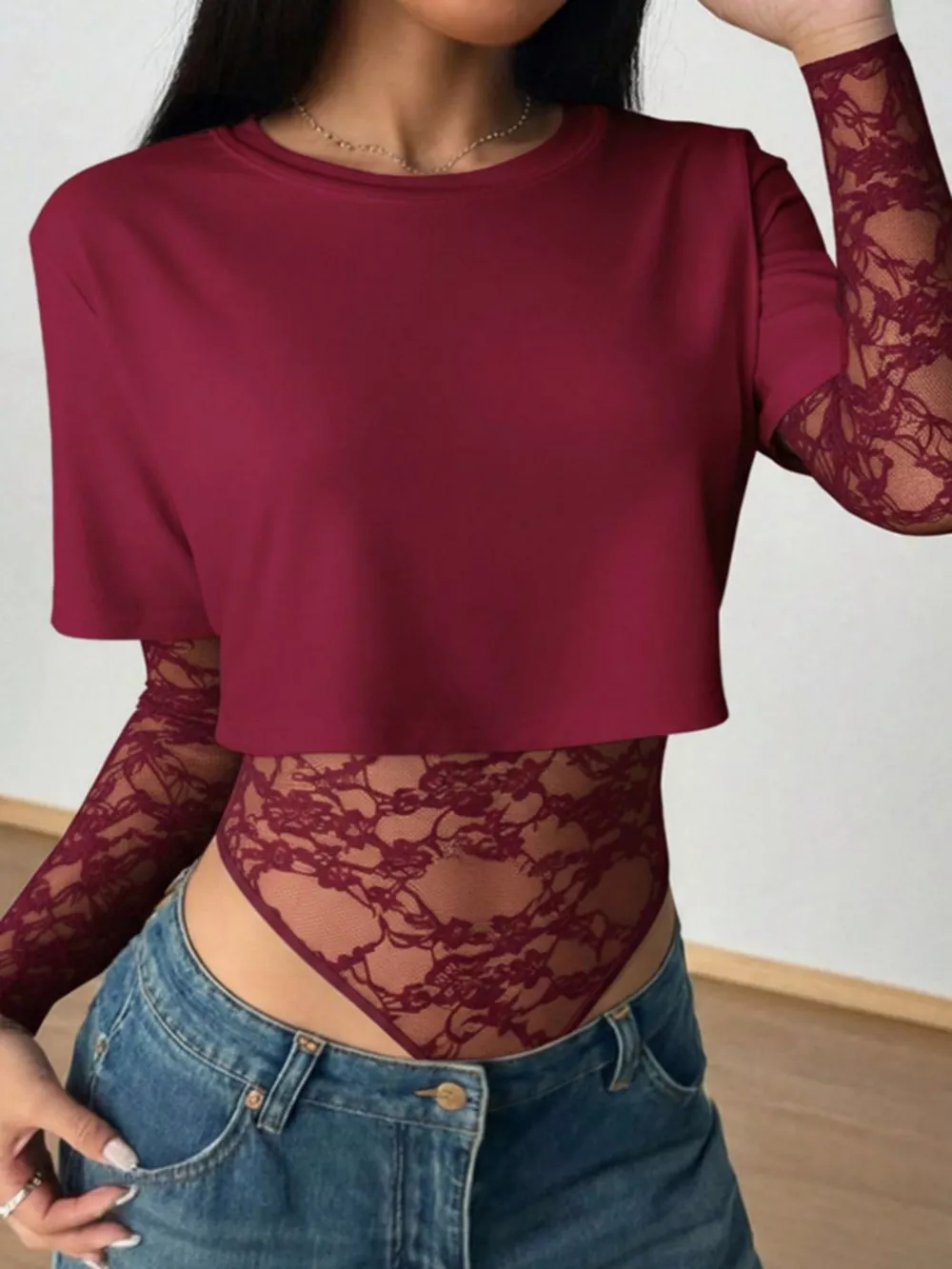 Lace Patchwork Round Neck Bodysuit, image 15