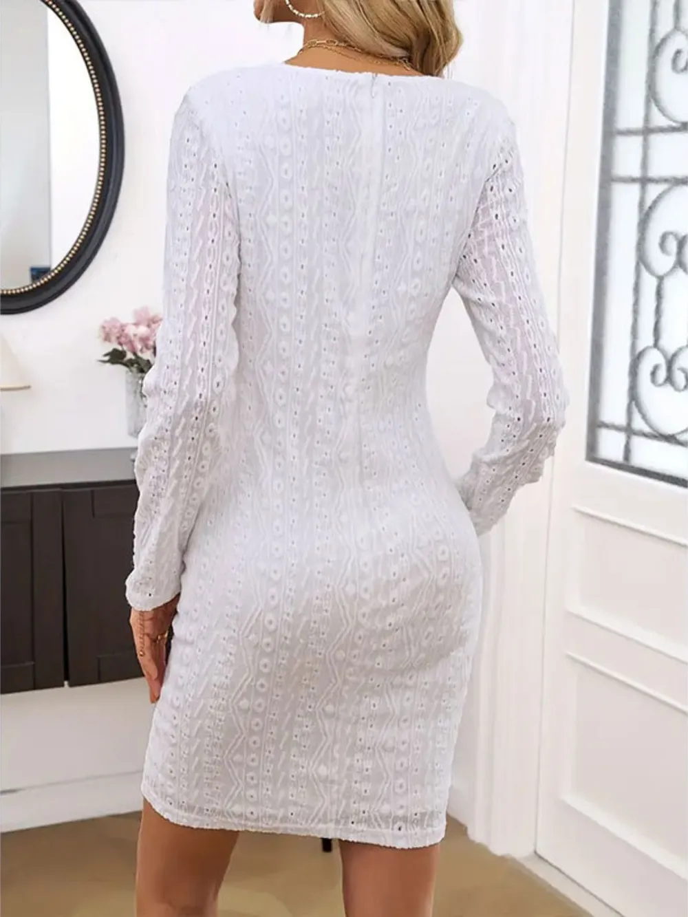 Lace Detail Round Neck Long Sleeve Mini Dress, image 2