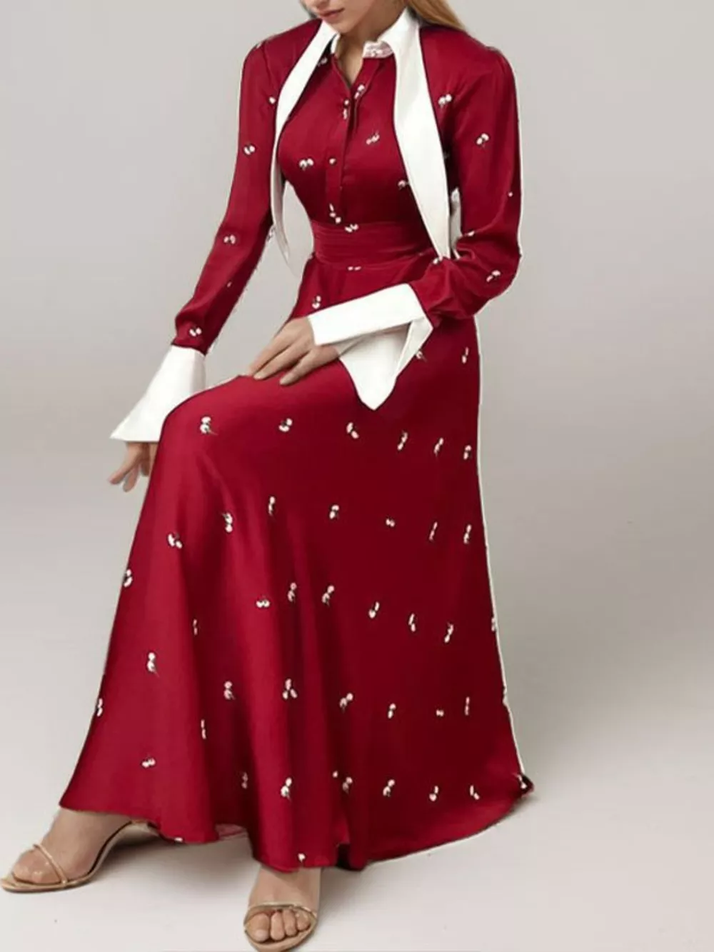 Full Size Contrast Collar Long Sleeve Midi Dress Plus Size, image 3