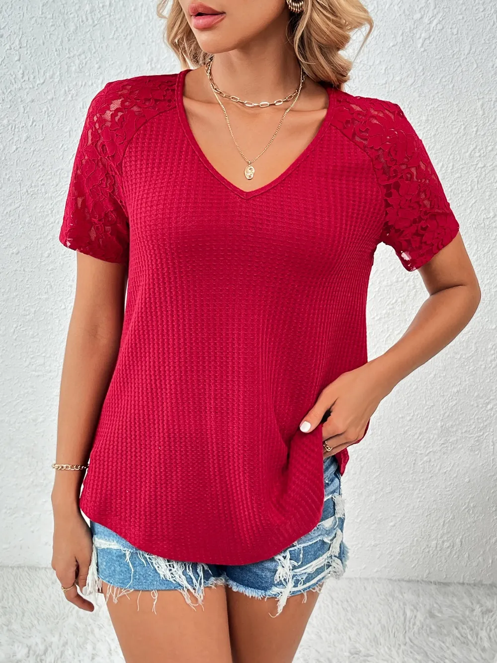 Lace Detail V-Neck Short Sleeve T-Shirt, image 6