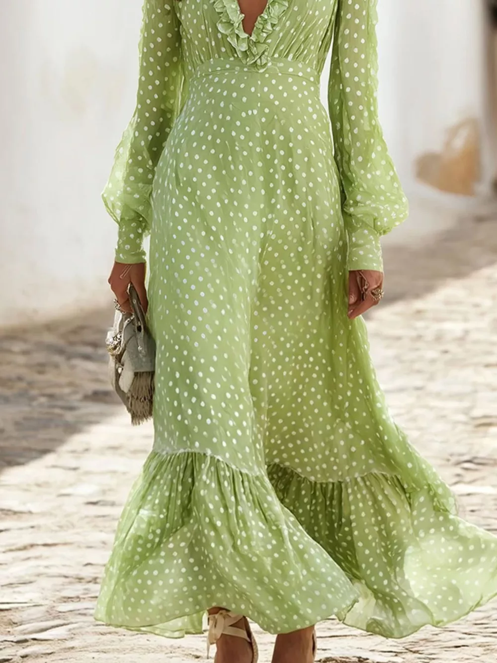 Full Size Polka Dot Ruffle V-Neck Maxi Dress Plus Size, image 7