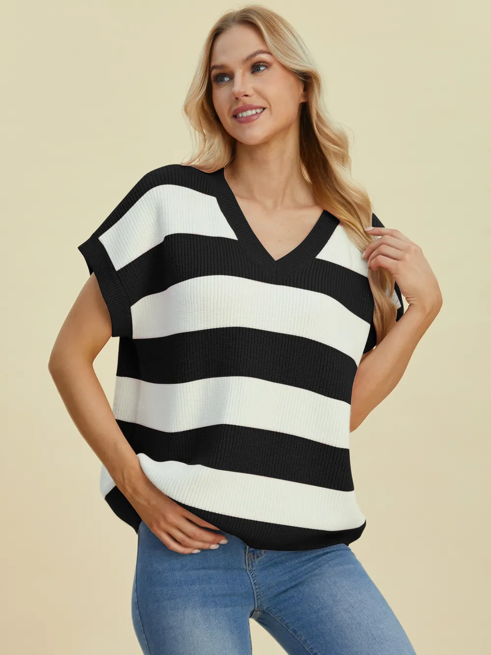 Full Size Striped V-Neck Short Sleeve Sweater, image 23