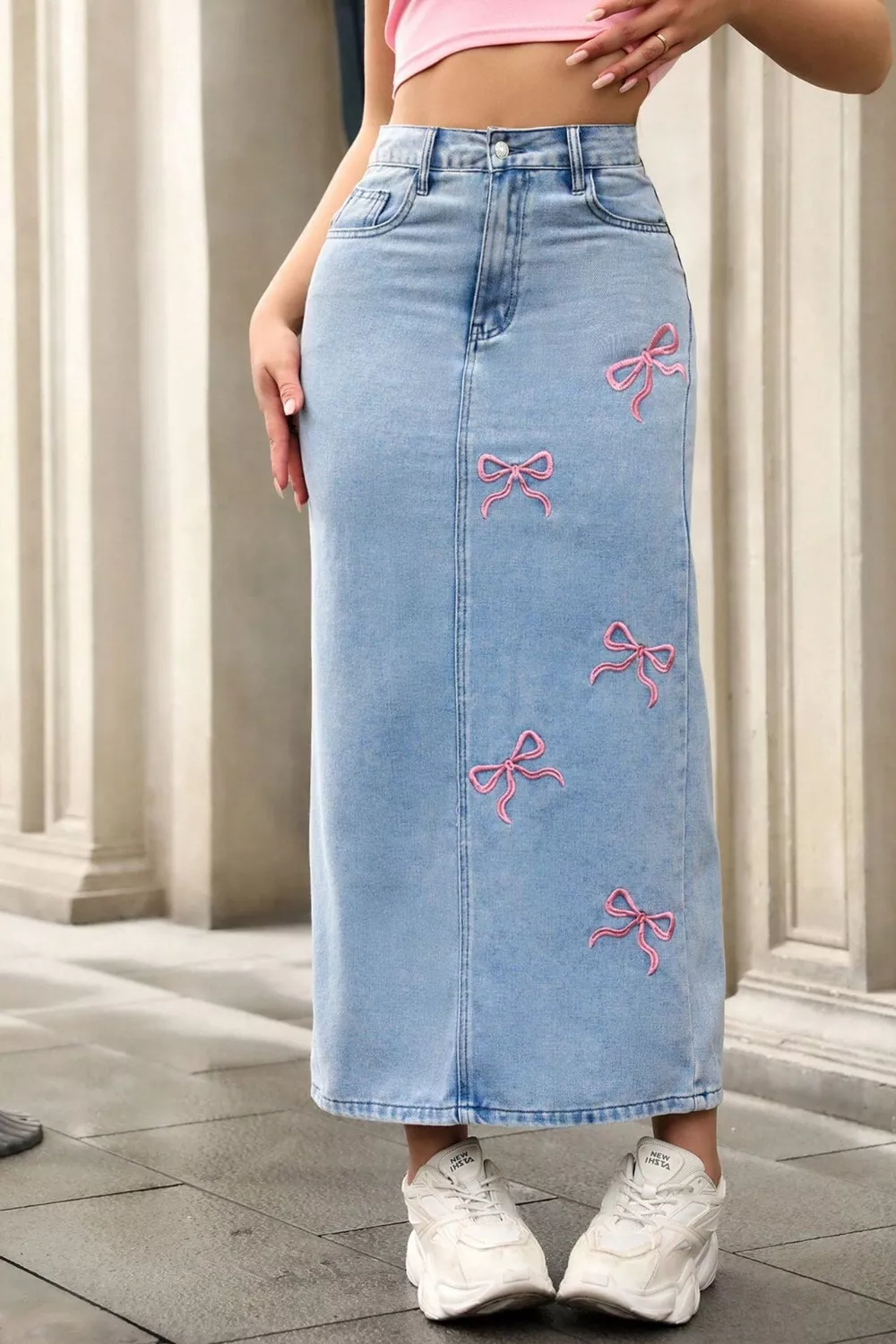 Bow-Embroidered Denim Maxi Skirt, image 6