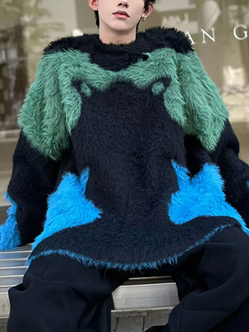 Men's Color Block Fuzzy Knit Sweater, image 2