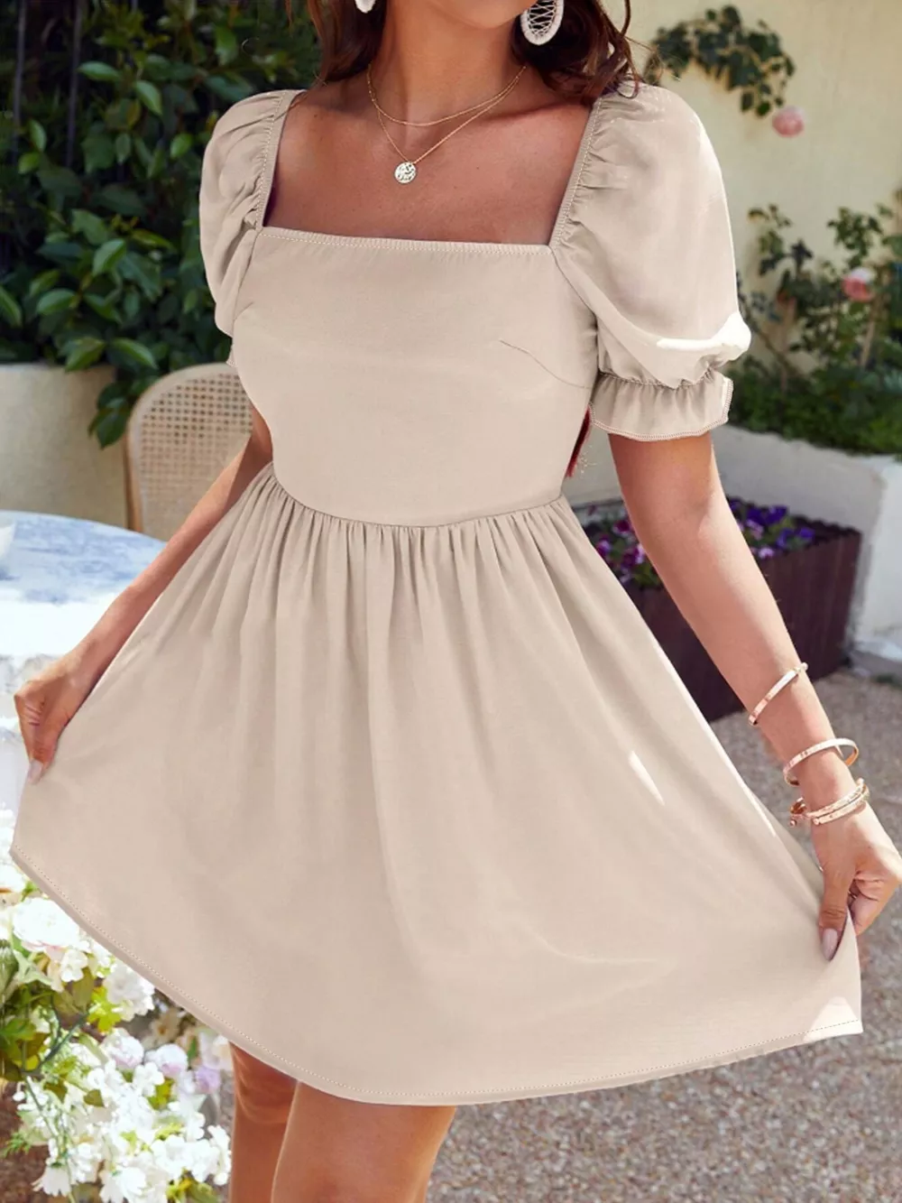 Square Neck Puff Sleeve A-Line Mini Dress