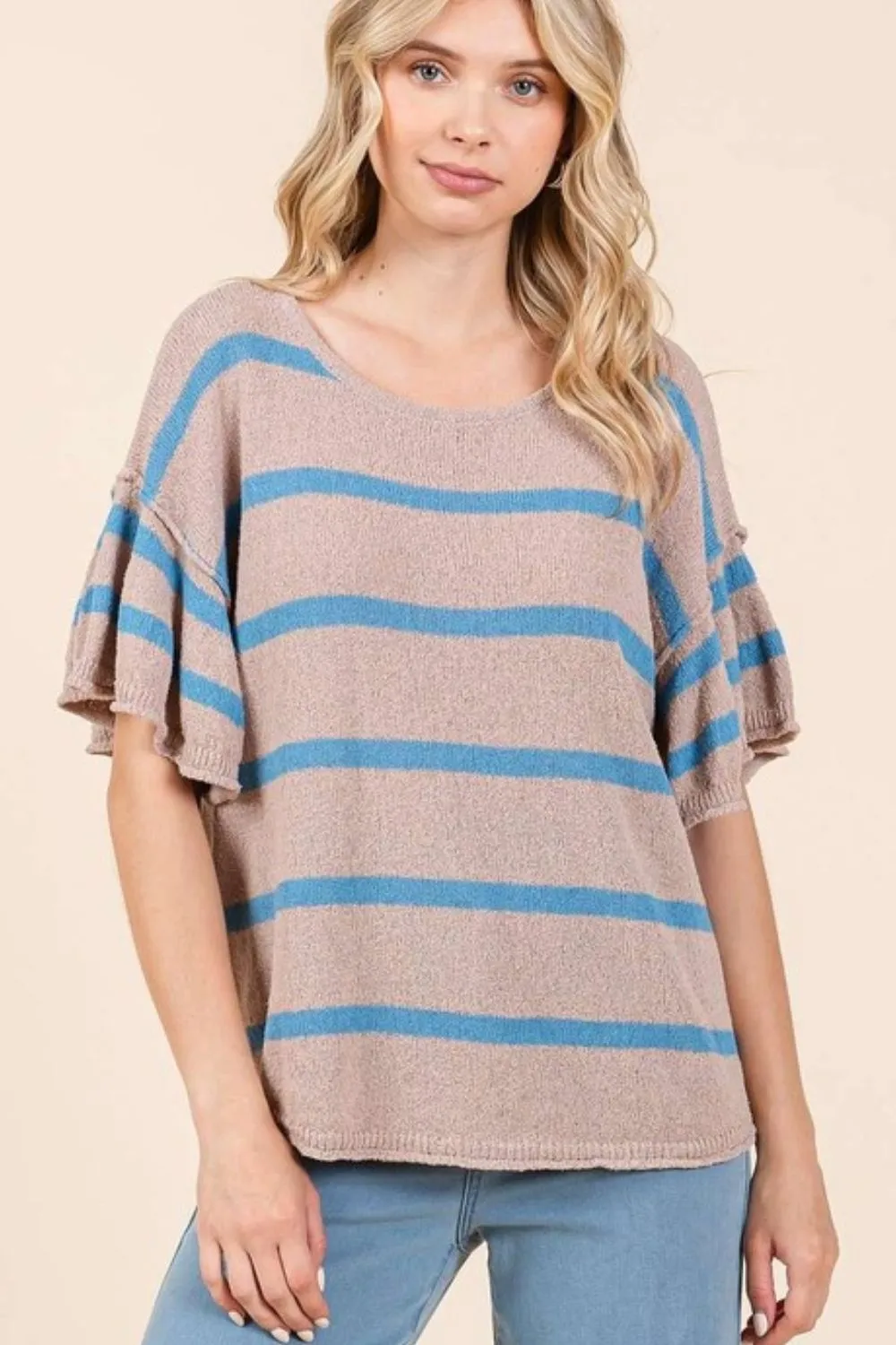 Striped Flounce Sleeve Knit Top
