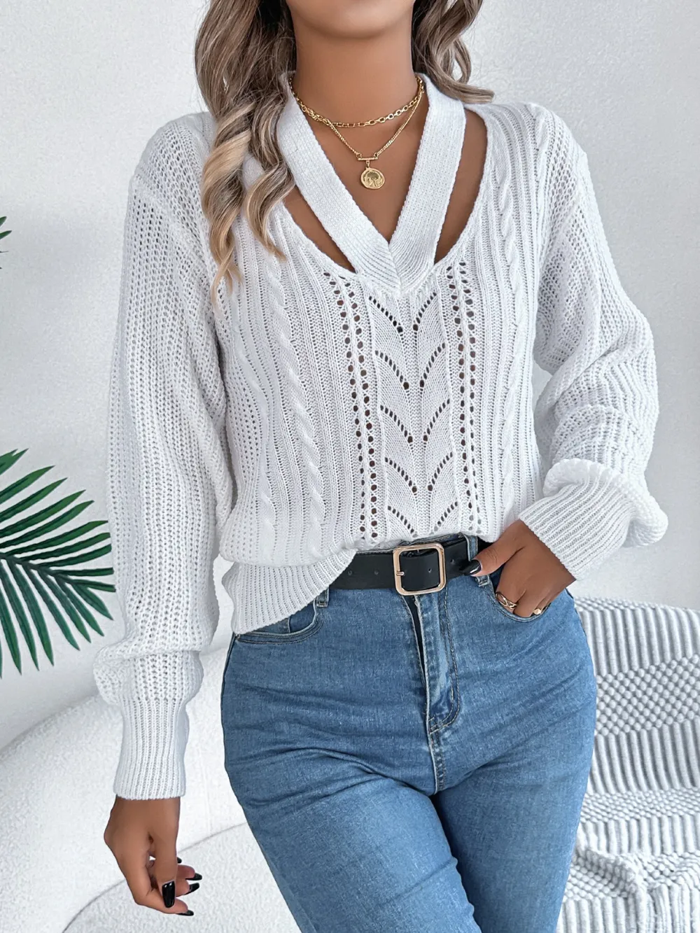 Cutout V-Neck Long Sleeve Sweater, image 4