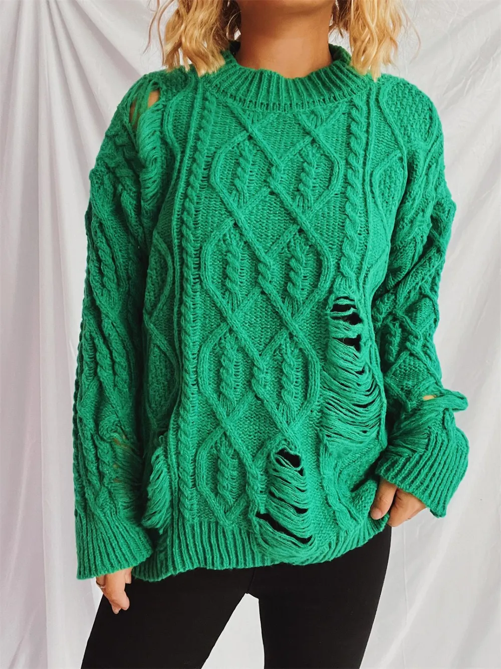Distressed Cable-Knit Round Neck Long Sleeve Sweater, image 2