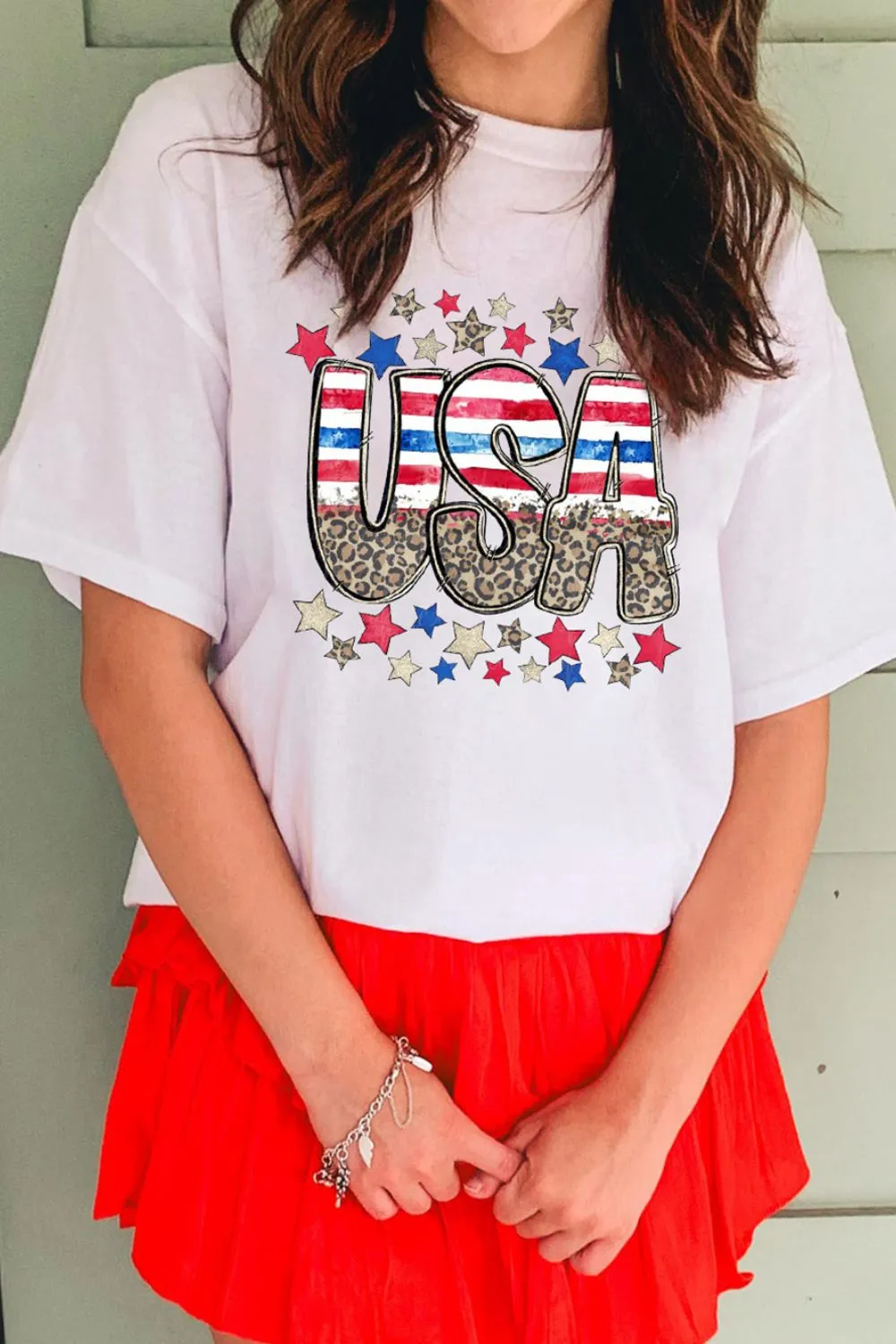 Patriotic Star Leopard USA Letter Graphic T Shirt, image 4
