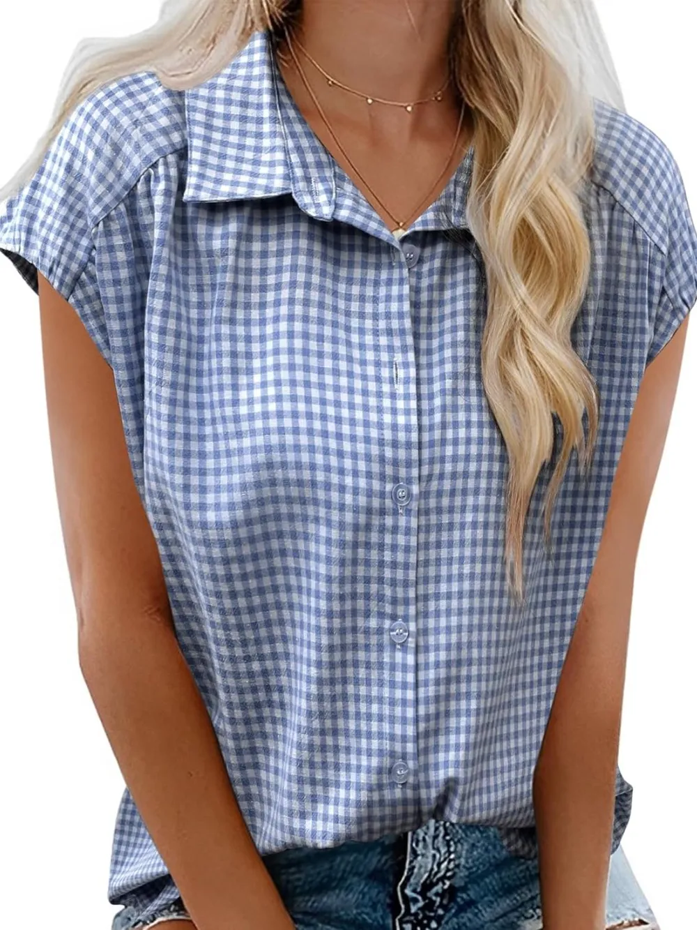 Plaid Button Up Cap Sleeve Shirt, image 2